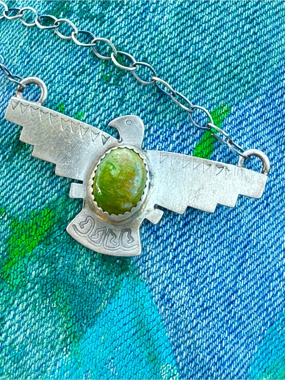 Southwestern Thunderbird Pendant Necklace with Green Stone Sterling 16 “